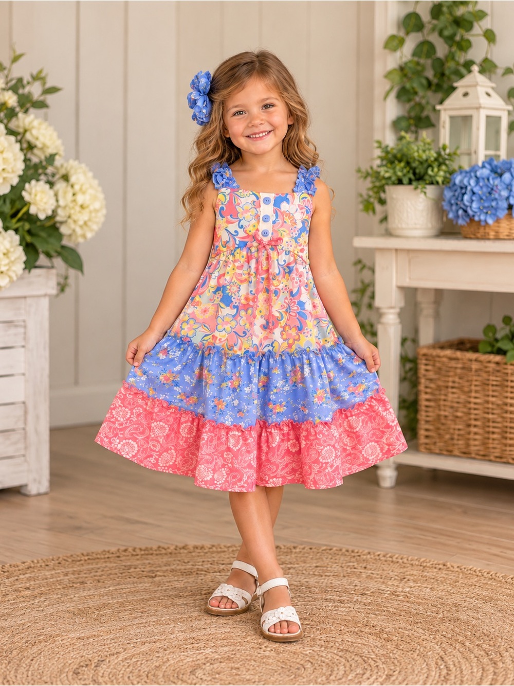 Jona Michelle Girls 5 Floral Tiered Ruffle Dress Blue Pink EUC